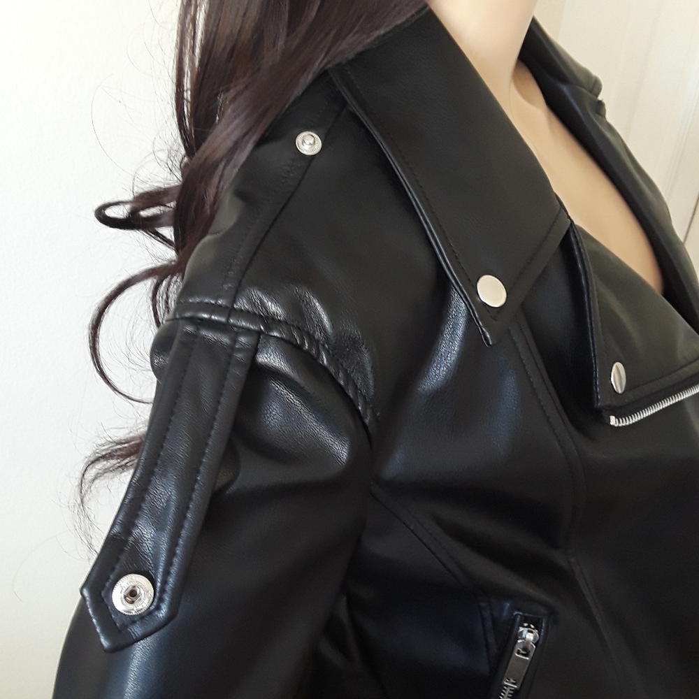 Black Leather Belted Hip Length Leather Jacket - Picture 8 of 10